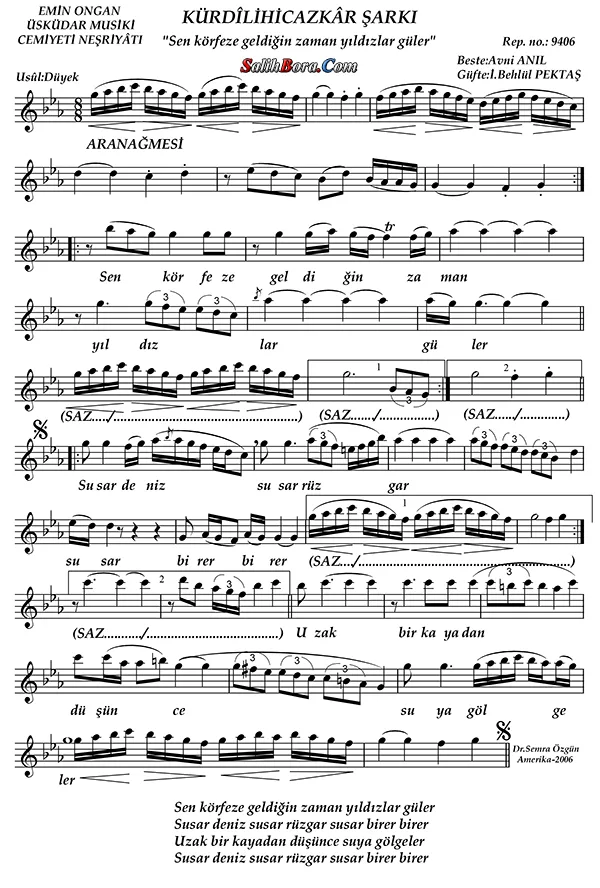 Sen körfeze geldiğin zamân yıldızlar güler notası - 2