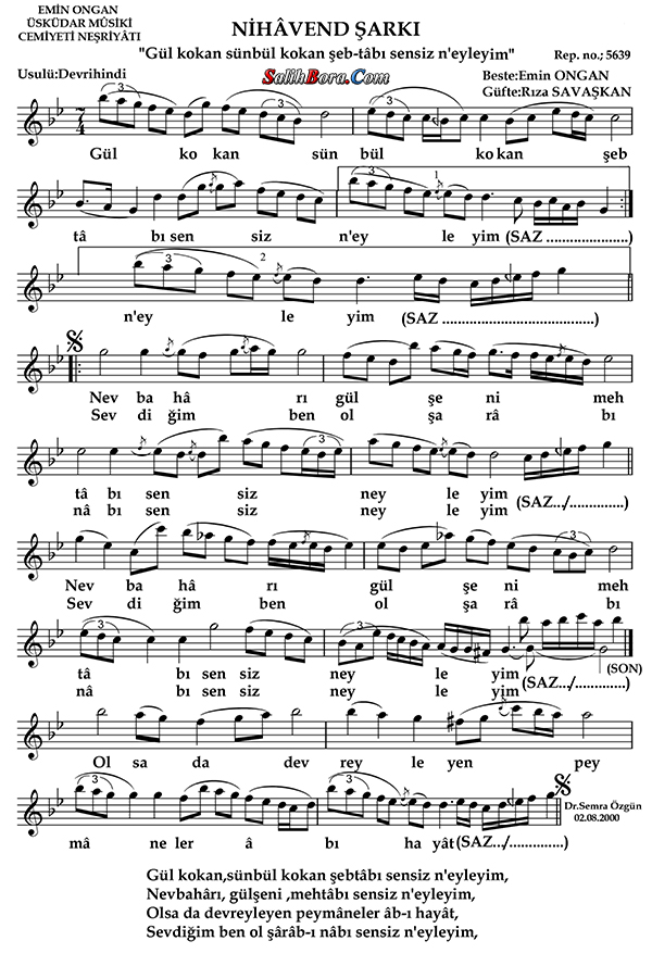 Gül Kokan Sümbül Kokan Şeb-tâbı Sensiz Neyleyim? 2 Gül kokan sümbül kokan şeb-tâbı sensiz neyleyim notası - 1