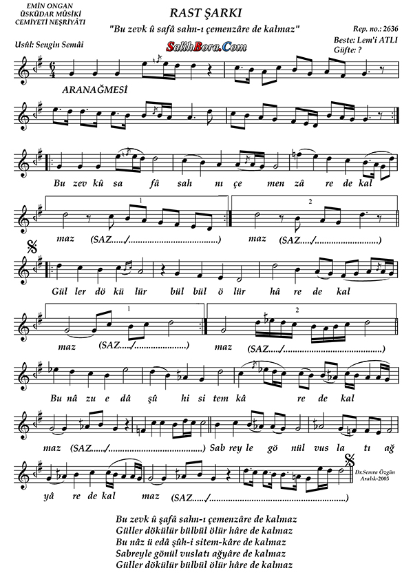 Bu Zevk-u Safâ Sahn-ı Çemenzâre De Kalmaz 2 Bu zevk-u safâ sahn-ı çemenzâre de kalmaz notası - 2