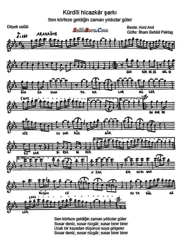 Sen körfeze geldiğin zamân yıldızlar güler notası - 1